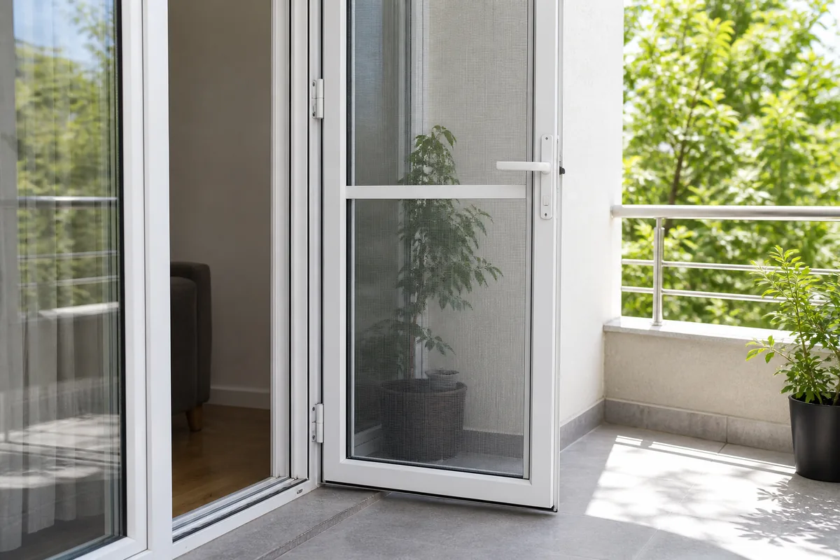 Balkon girişinde menteşeli kapı sinekliği
